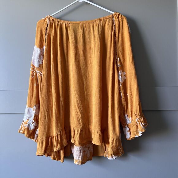 Liv Los Angeles Blouse Women XL Yellow Floral Embroidered Boho Peasant Top Shirt - Picture 5 of 10